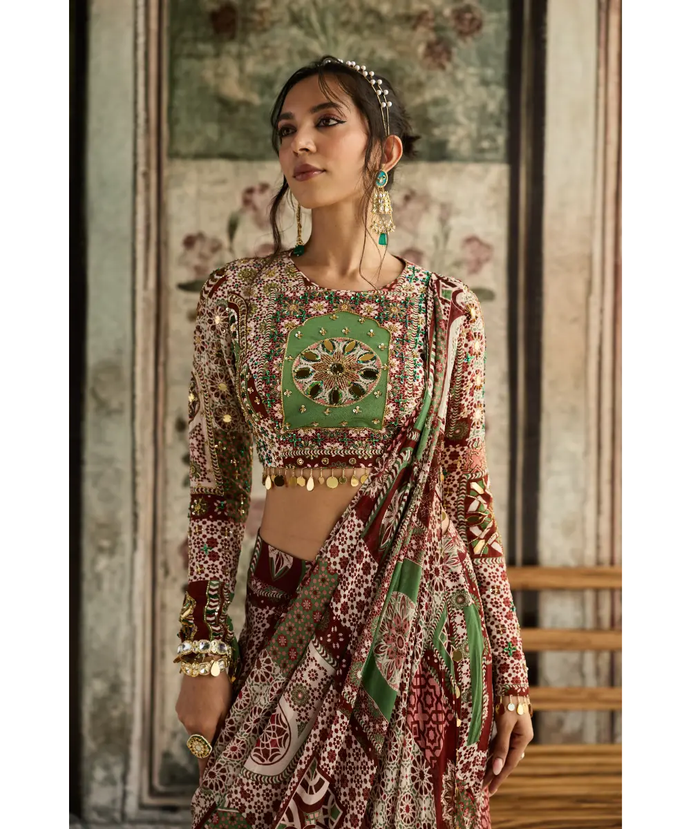 DIYARAJVVIR - Sage-Maroon Print and Highlighted Slit Skirt Saree Set